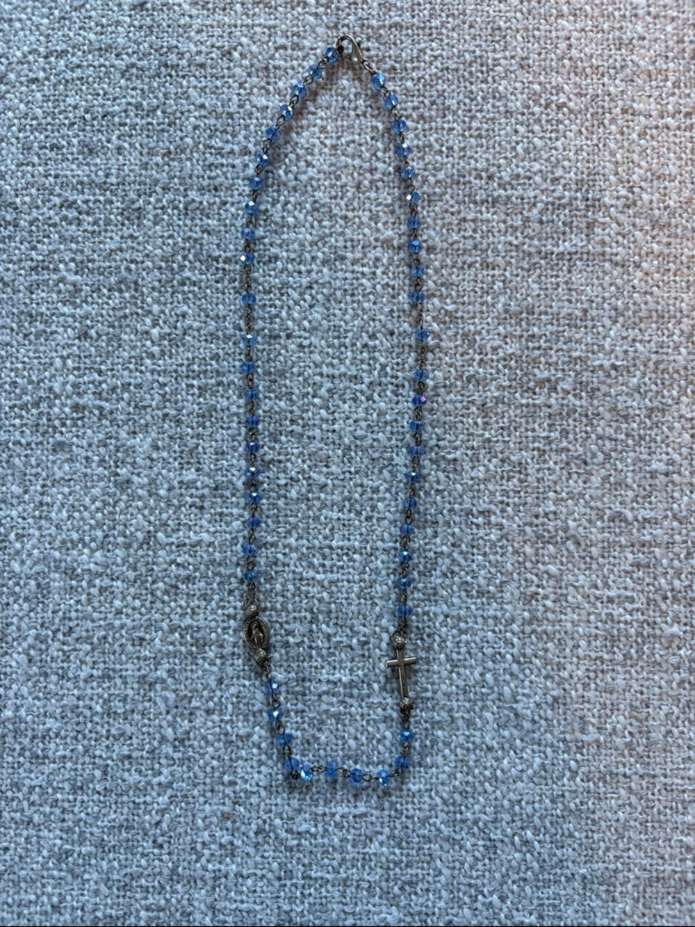Blue Crystal‎ Bead Rosary Necklace Silver Tone Crucifix Miraculous Medal Women